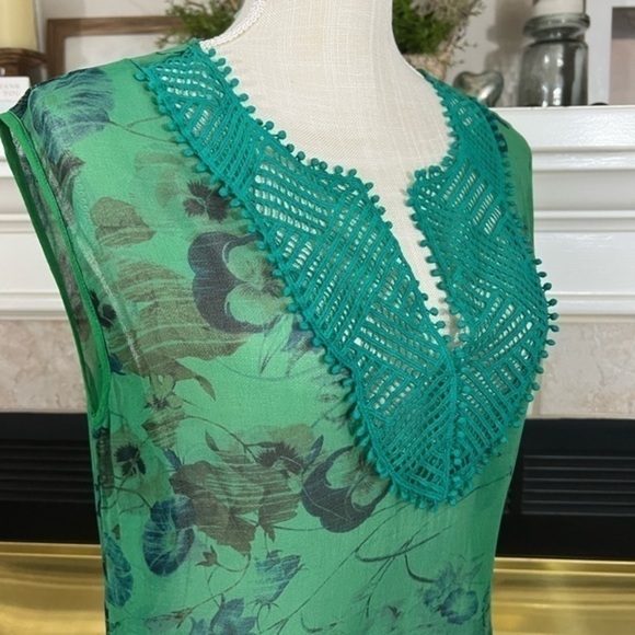 Language for Anthropologie Beautiful Silk Green Tunic Top with Crochet Elements. - Picture 3 of 11